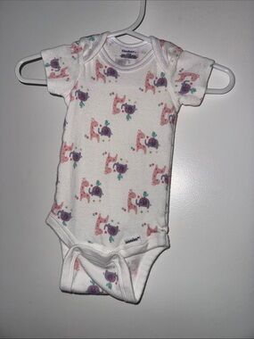 Gerber White Onesie with Pink Giraffe and Purple Elephant Pattern